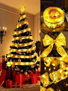 Lampu Pita LED untuk Pohon Natal | Desain Bergelombang Berkilau Emas | Bertenaga Baterai, Tidak Perlu Colokan | Cocok untuk Dekorasi Liburan Natal dan Pernikahan di Dalam Ruangan | Tema Santa Claus | Bahan Plastik Tahan Lama dengan Dekorasi Berkilau, Lampu Rangkaian Pohon Natal - Lampu Pita - View 3