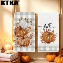 2pcs Thanksgiving Autumn Pumpkin Print Kitchen Towels, Soft And Absorbent, Reusable And Washable, Home Cleaning Essential, Kitchen Accessories, Holiday Gift For Friends - Grey - View 2