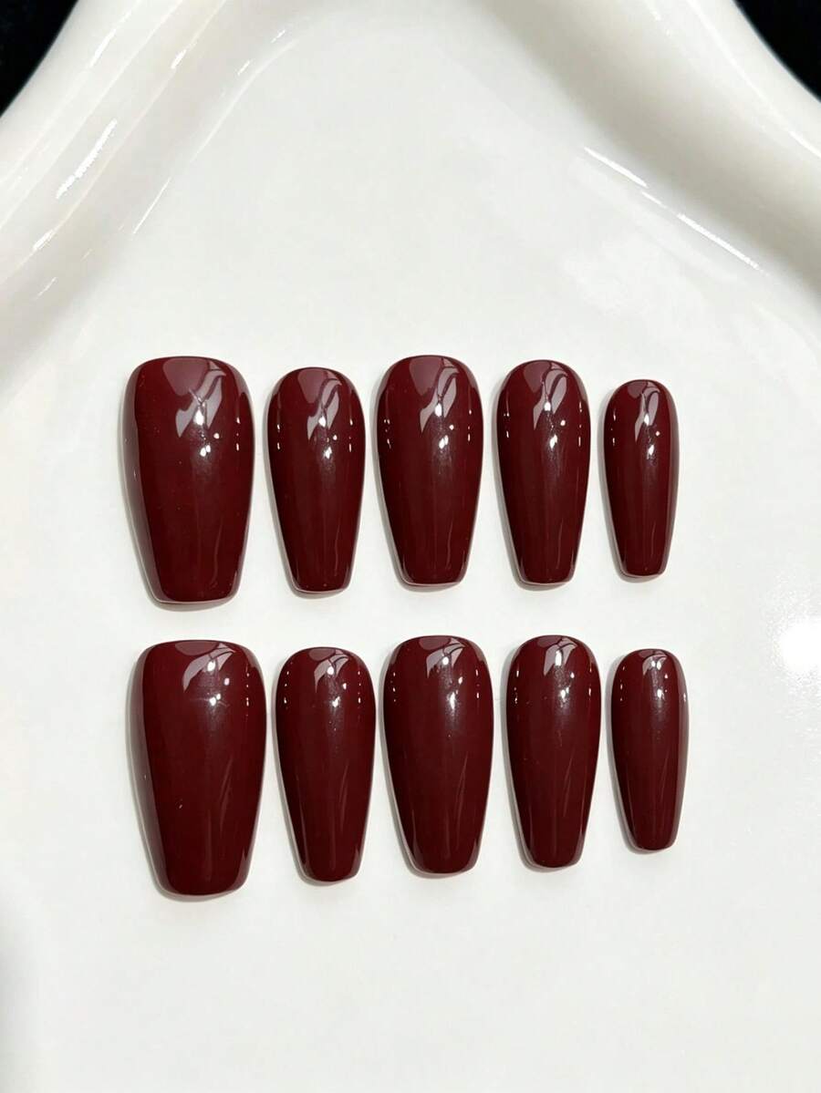 10片中號棺材形手工穿戴甲,棕色,適合秋冬派對、節日、日常佩戴,適用於女孩與女性 - 巧克力棕 - 查看 1