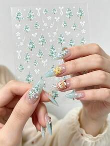 1 Sheet Christmas Tree Nail Stickers, Cute Xmas Tree Bow Snowflake Rhinestone Self-Adhesive Nail Decals, Winter Holiday Nail Art Decorations - Multicolor - View 2