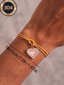 1pc Women's Golden Heart Charm Bracelet, Embossed Pattern Adjustable Double Cord Wrist Accessory - Gold - View 5