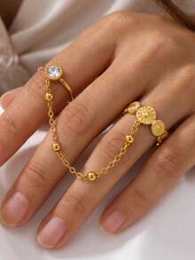1pc Golden Plated Double Finger Chain Ring, Sunburst Disc & Round Cubic Zirconia Linked Ring With Ball Bead Chain, For Women Daily Party Jewelry Gift - Gold - View 2