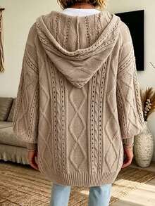 Pullover Rajut Kabel Berkerudung Warna Beige untuk Wanita Ukuran Plus, Atasan Rajut Panjang Berlubang dengan Tali Serut dan Bahu Jatuh untuk Musim Gugur - Khaki - View 3