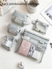 Transparent Mesh Storage Bag Set, Makeup Bag, Portable Coin Purse, Stationery Pencil Case, Zipper Travel Toiletry Bag, Suitable For Home Office Data Cable Storage Accessories, Portable Coin Purse For Outings, Can Store Cards, Keys And Other Items - A - View 11