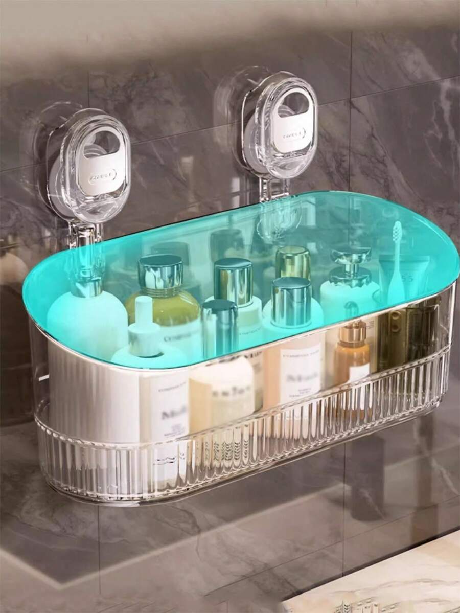 1pc Strong Suction Cup Bathroom Storage Rack, Removable & Washable Wall-Mounted Organizer Basket, Toiletries & Cosmetics Storage Shelf