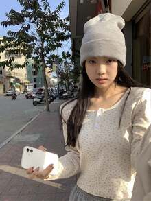 Women's Button Design Long Sleeve Korean Style Ditsy Floral Cropped T-Shirt - Apricot - View 4