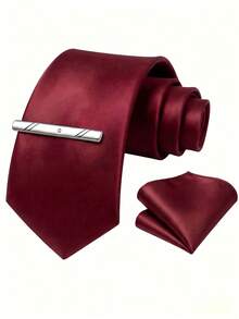 1 Set Men's 8cm Satin Tie, Pocket Square And Tie Clip Set, Suitable For Business Meetings, Wedding Party Groom Tie Set - Burgundy - View 2