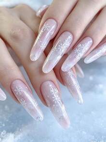 1 Box Pure White Snowflake Nail Stickers, Lightweight 3D Snowflake Design, Autumn/Winter Christmas Vibe, Handmade Press-On Nails, Delicate And Beautiful Nail Accessories - White - View 2
