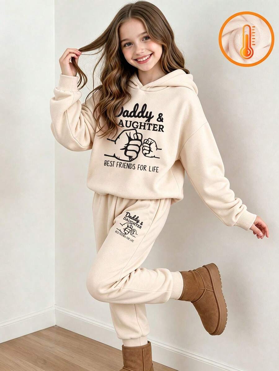 2pcs/Set Tween Girl Graphic Print Casual Fleece Hoodie Sweatshirt And Fleece Pants, Autumn/Winter Outfit - Apricot - View 1