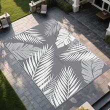 Karpet Luar Ruangan Tahan Air Ukuran 5ft x 8ft, Motif Jerami Plastik Bolak-balik, Cocok untuk Penggunaan Dalam dan Luar Ruangan, Ideal untuk RV, Teras, Patio, Halaman Belakang, Berkemah, Balkon, Piknik, Warna Abu-abu dan Putih - daun berwarna abu-abu dan putih - View 11