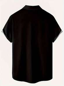 Men's Black & White Palm Tree Beach Print Short Sleeve Shirt - Black - View 3