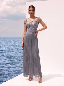 FEELAIR New Cold Shoulder Spaghetti Strap Heavy Rhinestone Tassel Long Dress, Grey Slim Fit Evening Gown, Suitable For Party, Banquet And Formal Occasions - Gray Blue - View 1