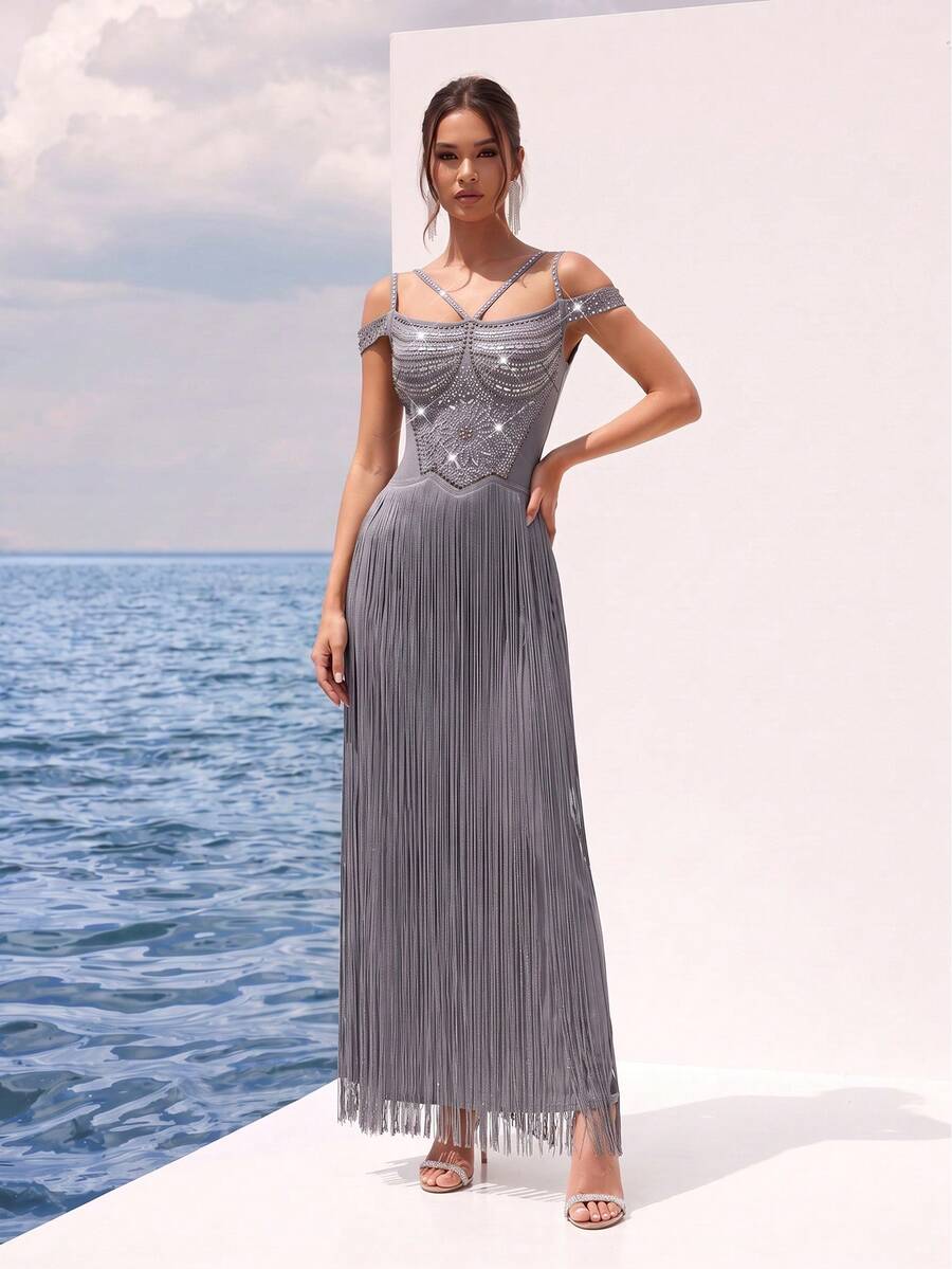FEELAIR New Cold Shoulder Spaghetti Strap Heavy Rhinestone Tassel Long Dress, Grey Slim Fit Evening Gown, Suitable For Party, Banquet And Formal Occasions - Gray Blue - View 1