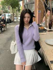 Ribbed Half-Zip Collared Sweater For Women, Relaxed Fit Long Sleeve Knit Pullover, Lavender Purple Soft Warm Fall Winter Casual Top - Purple - View 1
