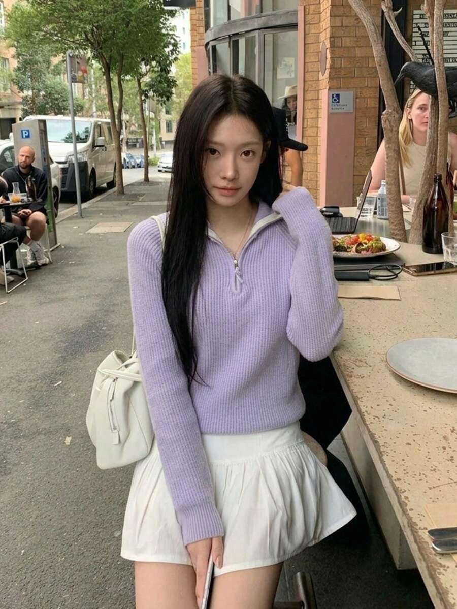 Ribbed Half-Zip Collared Sweater For Women, Relaxed Fit Long Sleeve Knit Pullover, Lavender Purple Soft Warm Fall Winter Casual Top - Purple - View 1