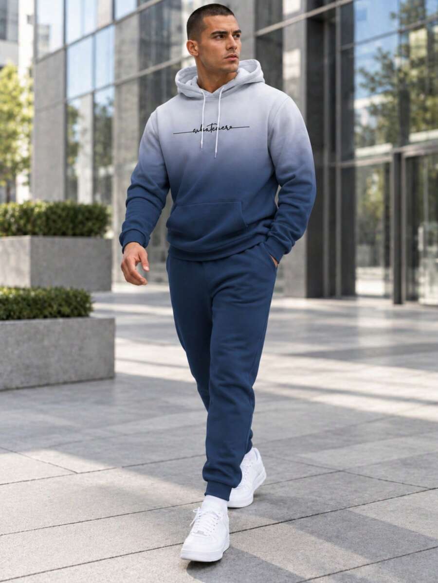 Men's Spring/Autumn Gradient Color Letter Art Print Wrinkle-Resistant Hoodie Street Fashion Casual Outdoor Sports Set With Elastic Waistband Drawstring Sweatpants