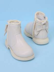 Girls' Fashion Versatile Boots, Autumn/Winter Princess Style Bow Decor, Campus & Outdoor Chic Ankle Boots - Beige - View 4