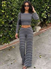 Casual Fashion Striped Round Neck Long Sleeve Wide Leg Pants Set - Blue - View 3