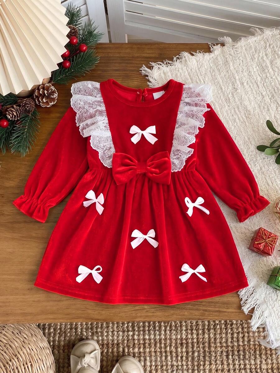 Girls' Princess Style Velvet Dress With Ruffle Lace Trim And Bow Accessory, Holiday Party Wear, Autumn/Winter - Red - View 1