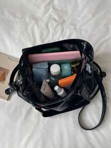 Fashion Solid Color PU Shoulder Tote Bag With Pendant Decoration, Suitable For Women Shopping, Commuting And Daily Use - Black - View 6
