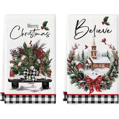 2 piezas de toallas de cocina con tema navideño, patrón de casa y camión, suaves, fáciles de limpiar y reutilizables, regalo perfecto para la decoración de la cocina en vacaciones
