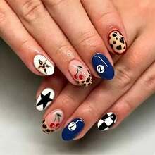 24pcs Short Oval Leopard Print, Polka Dot, Striped Nail Stickers - Multicolor - View 4