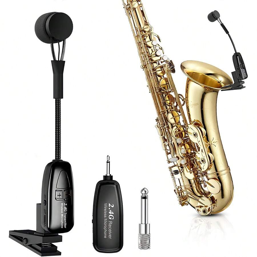 Microfone sem fio para saxofone, microfone de lapela de 2,4 GHz, adequado para saxofone, sistema de microfone recarregável via USB-C, também adequado para trompete, tuba, trombone, trompa e outros instrumentos, pode ser usado para aulas, bares de rua e apresentações em palco. - Preto - Visão 1