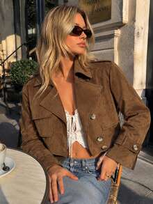 Women's Fall/Winter Y2K Suede Vintage Cropped Jacket - Suitable For Daily Commuting, Work, Halloween/Christmas Festivities, Back-To-School Streetwear - Brown - View 5