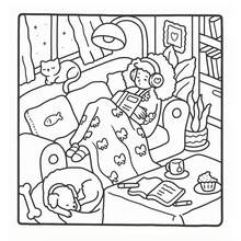 1本成人著色書《舒適女孩時刻》：健康溫馨生活風格插畫，女孩閱讀、烘焙、沐浴、與貓狗一起戶外活動，適合女性的放鬆著色頁 - 多款式 - 查看 4