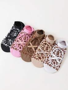 5 Pairs Leopard Print Cross Strap Yoga Socks For Women, Silicone Non-Slip Pilates Socks, Indoor Dance Fitness Floor Socks, Multi-Color - Multicolor - View 3