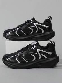 Zapatillas de running de suela gruesa para hombre, zapatillas deportivas con cordones y suela gruesa, zapatos deportivos casuales transpirables para caminar al aire libre - Negro - Ver 5