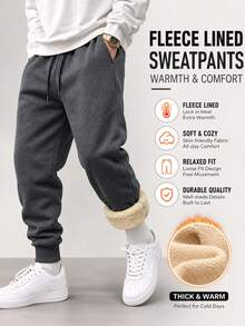 Men's Thermal Lined Sweatpants, Sherpa Warm Bottoms, Thick Cuffed Joggers - Dark Grey - View 2