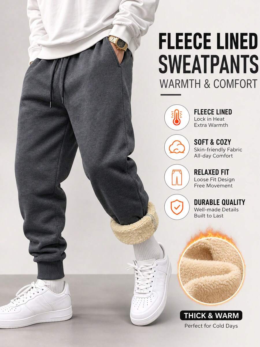 Men's Thermal Lined Sweatpants, Sherpa Warm Bottoms, Thick Cuffed Joggers