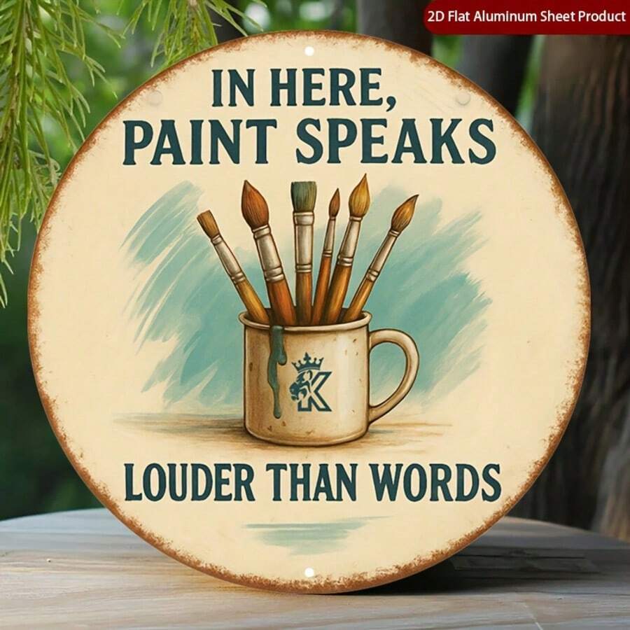 1pc 2D Flat Round Sign, Creative Studio Round Wall Decor With Brushstroke Inspired Vintage Metal Wall Art, Metal Wall Decoration, Suitable For Home, Garage, Restaurant, Cafe Wall Decor Sign (Random Hole Position) - A - View 1