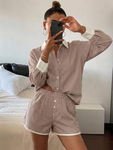 DAZY 2pcs/Set Women's Loose Comfortable Breathable Long Sleeve Top + Shorts Cute Pajama Set - Brown - View 5