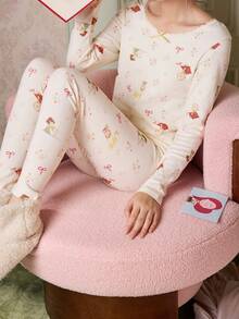 Gongdie 2pcs Snoopy Women's Pajama Set, Winter White Soft Cotton Loungewear With Lace Trim - Apricot - View 4