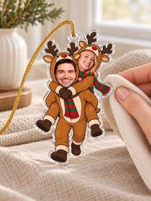 1pc Custom Photo Reindeer Couple Christmas Ornament, Personalized Face Tree Hanging Decoration, Playful Piggyback Holiday Keepsake, Festive Gift For Partners, Winter Home Decor, Christmas Gift - Brown - View 9