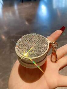 1pc Highly Attractive Shiny Artificial Rhinestone Makeup Storage Box, False Eyelashes, Earrings, Rings, Bracelets Organizer Bag, Travel Portable Keychain Coin Purse, Gift - Silver - View 6