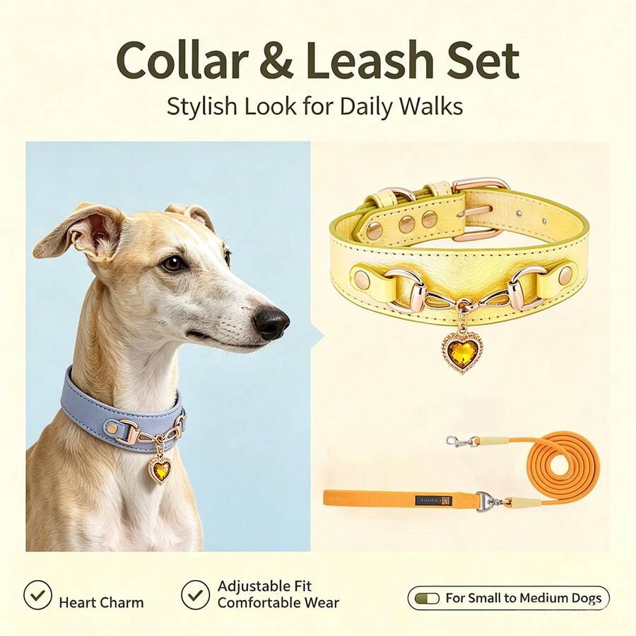 2pcs Luxury Heart-Shaped Rhinestone Pendant Dog Collar & Leash Set, Leather Pet Collar With Matching Color Dog Leash, Adjustable Buckle Cute Princess Style Dog Walking Set, Suitable For Small And Medium Dogs, Durable Pet Accessories For Outdoor Walks And Holiday Dress-Up - Multicolor - View 1