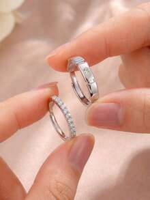 2pcs Elegant Cubic Zirconia Decor Minimalist Adjustable Couple Rings For Men & Women Daily Wear & Dating - Versatile Style - View 2