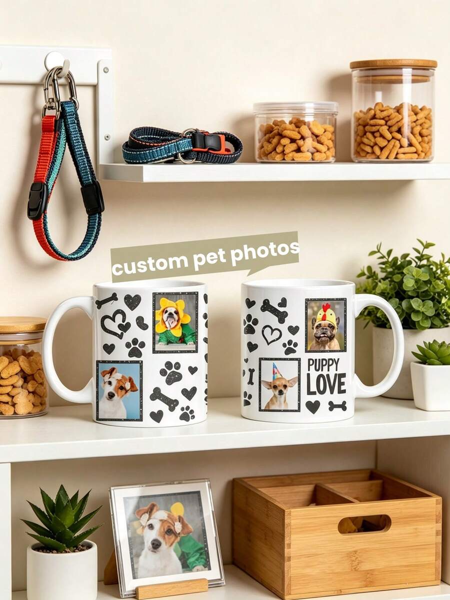 1pc Personalized Pet Photo Coffee Mug, Customized Dog And Cat Collage Illustration Mug, Pet Portrait Photo Cup, Cute Animal Mug, Customized Pet Gift For Dog And Cat Lovers - Multicolor - View 1