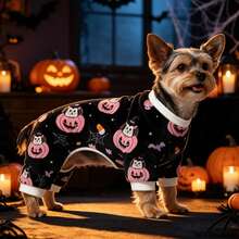 Opjoys 1pc Halloween Pumpkin & Bat Print Dog , Soft Cute Healing Style Skin-Friendly Knitted Four-Legged Design Round Neck Ribbed Cuff Warm Belly Protection Anti-Shedding Pet Home Wear Spring Autumn Daily - Black - View 3