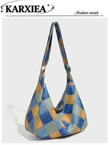 1pc PU Leather Bag, Fashionable Large Capacity Handbag, Vintage Distressed Women's Bag, Colorblock Patchwork Shoulder Bag, Underarm Bag, Versatile Crossbody Bag - Multicolor - View 15
