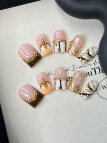 10pcs/Set Y2K Nails Handmade, Cute Nails, Pink Nails, Gold Nails, Golden Jewelry Nails & Brown Stripe Nails, Perfect For Parties & Daily Wear. Square Nails. Handmade Press On Nails Square, Short Fake Nails, Acrylic Nails, Handmade Nails, Fall Nails - Multicolor - View 10