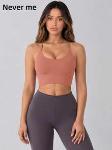 Never me Women's Sports Bra With Cross Straps, Removable Pads, For Running, Fitness, Yoga - Pink - View 2