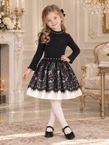 Autumn/Winter Girls' Fashion Elegant Round Neck Beaded Contrast Lace Long Sleeve Dress, Suitable For Parties - Black - View 2