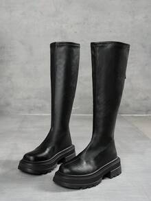 Women's High-Top Matte Leather Premium Black Boots With Back Zipper, 5cm Thick Sole, Warm Knee-High Boots For Commuting, Party, Fashion, Riding, Western, Motorcycle - Black - View 6