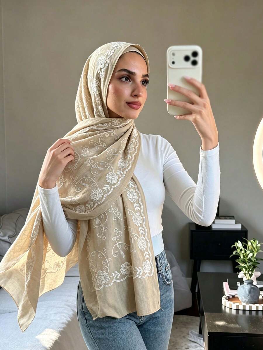 1PC Women's Solid Color Fashion Embroidered Scarf Headscarf, Contrast Embroidery Elegant And Practical, Suitable For Daily Casual Wear, All Seasons