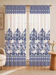2PCS Blue Damask Floral Print High Density Mesh Curtains, Light Filtering Rod Pocket - Multicolor - View 4