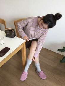 YCYC 韓式大廓形設計優雅百搭條紋鈕扣寬鬆慵懶針織上衣 - 芋泥紫 - 查看 6